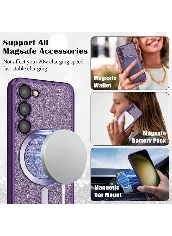 for Samsung Galaxy S23 Case Glitter, Clear Magnetic Phone Cases with Camera Lens Protector [Compatible with MagSafe] Bling Sparkle Plating Soft TPU Slim ShockProof Protective Cover
