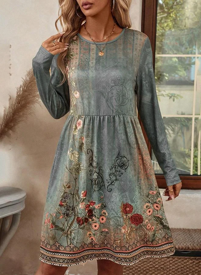 تايك تو Women's Floral Printed Round Neck Long Sleeve Mini Dress