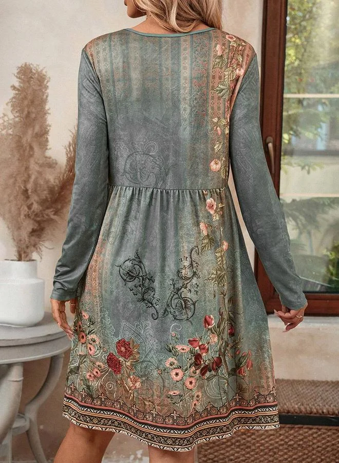 تايك تو Women's Floral Printed Round Neck Long Sleeve Mini Dress