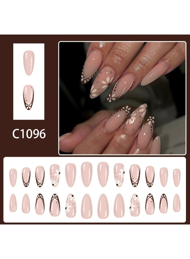 Goolsky أظافر ضغط على شكل قطرة مزينة بالزهور الفرنسية اللامعة - Image 1