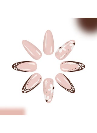 Graceful Coffee French Floral Glitter Drop-shaped Press-on Nails - view 4
