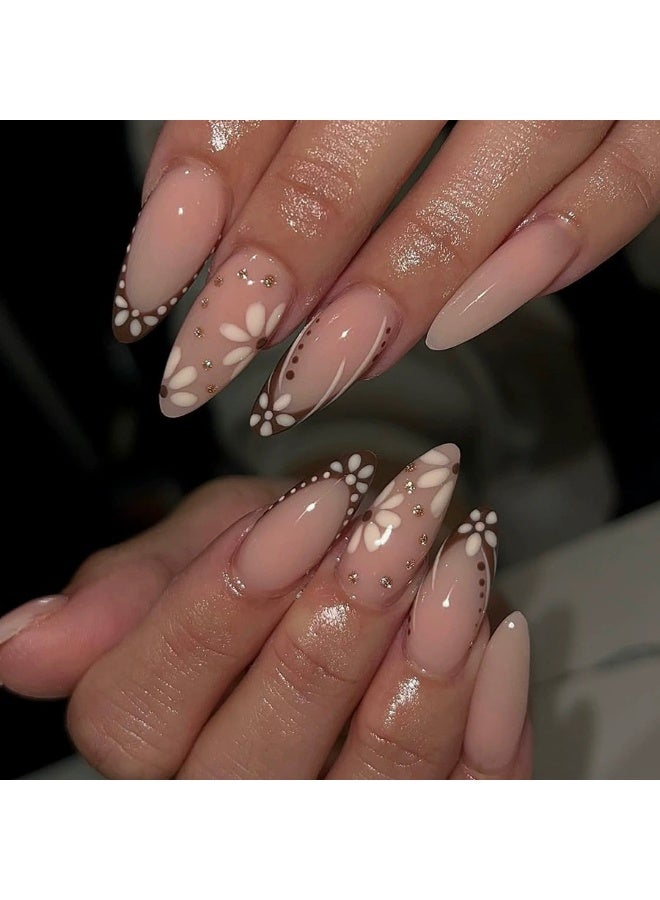 Goolsky أظافر ضغط على شكل قطرة مزينة بالزهور الفرنسية اللامعة - Image 3