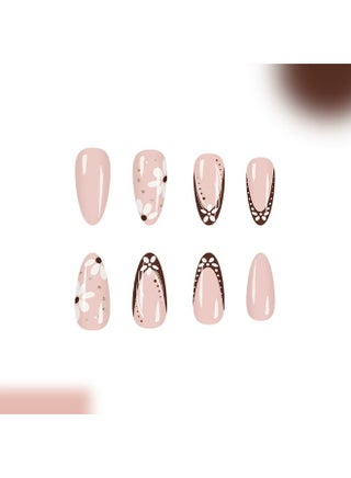 Graceful Coffee French Floral Glitter Drop-shaped Press-on Nails - view 2