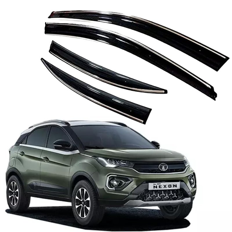 ROYALTECH Premium Chromeline & Silverline Unbreakable Car Rear Window Wind Deflectors & Side Door Visor Rain Guard Compatible with (Tata Nexon (2020 Onwards)) - Image 1