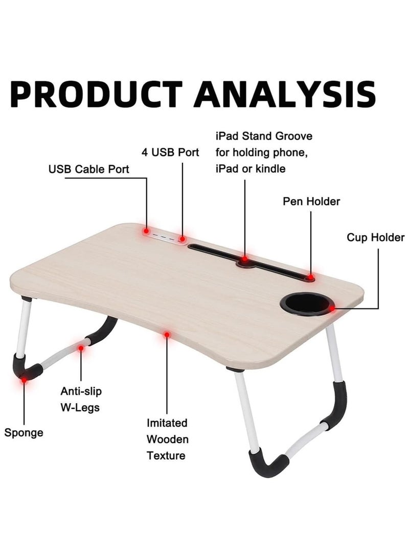DubaiGallery Foldable Lap Desk for Bed, HONEIER Bed Tray Table with 4 USB Ports, Holder Slots, Cup Holder, Drawer, Laptop Desk Table with Mini Lamp, Fan, Wood Portable Table Stand for Laptop Tablet - Image 3