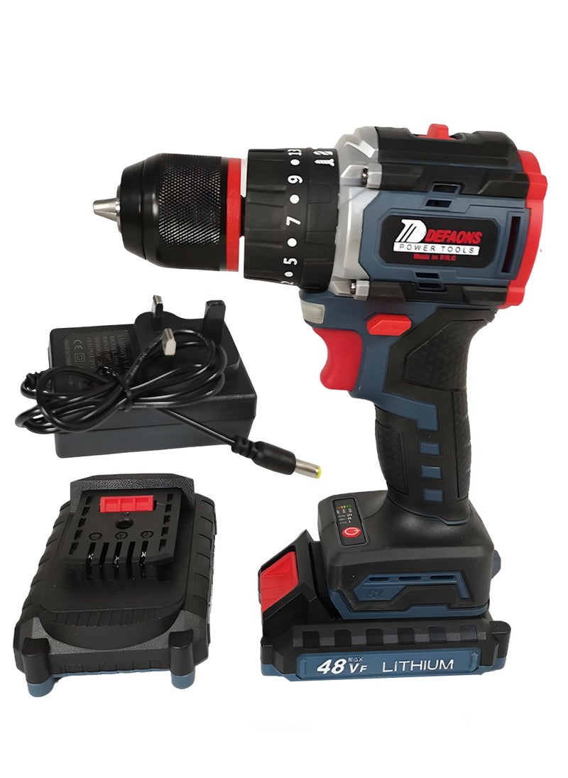 DEFAONS - DEFAONS 48VF Cordless Power Drill Lithium Ion Electric Screwdriver Adjustable Torque Variable Speed High Power Motor LED Light Forward and Reverse Switch for Drilling Metal Wood Concrete and Tiles - Image 1