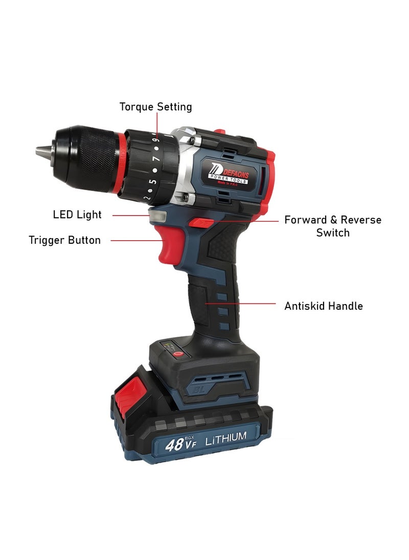 DEFAONS - DEFAONS 48VF Cordless Power Drill Lithium Ion Electric Screwdriver Adjustable Torque Variable Speed High Power Motor LED Light Forward and Reverse Switch for Drilling Metal Wood Concrete and Tiles - Image 1