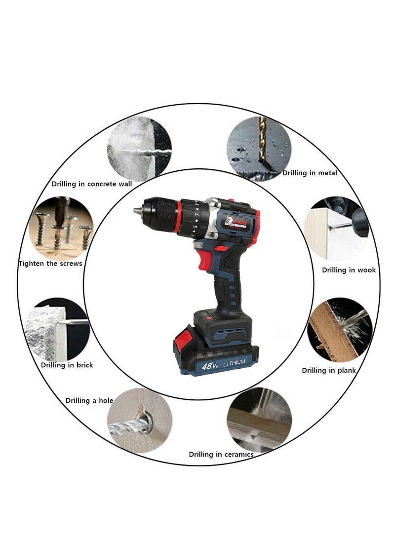 DEFAONS - DEFAONS 48VF Cordless Power Drill Lithium Ion Electric Screwdriver Adjustable Torque Variable Speed High Power Motor LED Light Forward and Reverse Switch for Drilling Metal Wood Concrete and Tiles - Image 1
