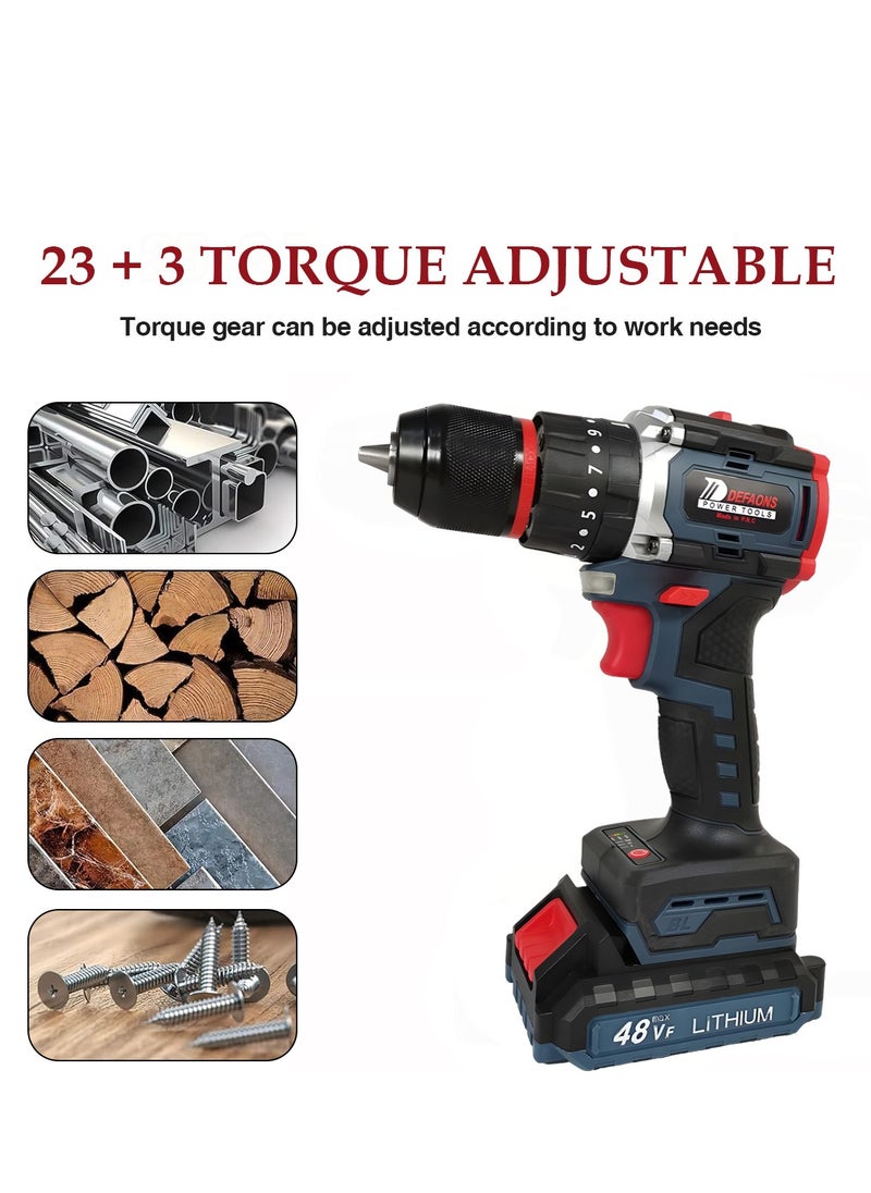 DEFAONS - DEFAONS 48VF Cordless Power Drill Lithium Ion Electric Screwdriver Adjustable Torque Variable Speed High Power Motor LED Light Forward and Reverse Switch for Drilling Metal Wood Concrete and Tiles - Image 1