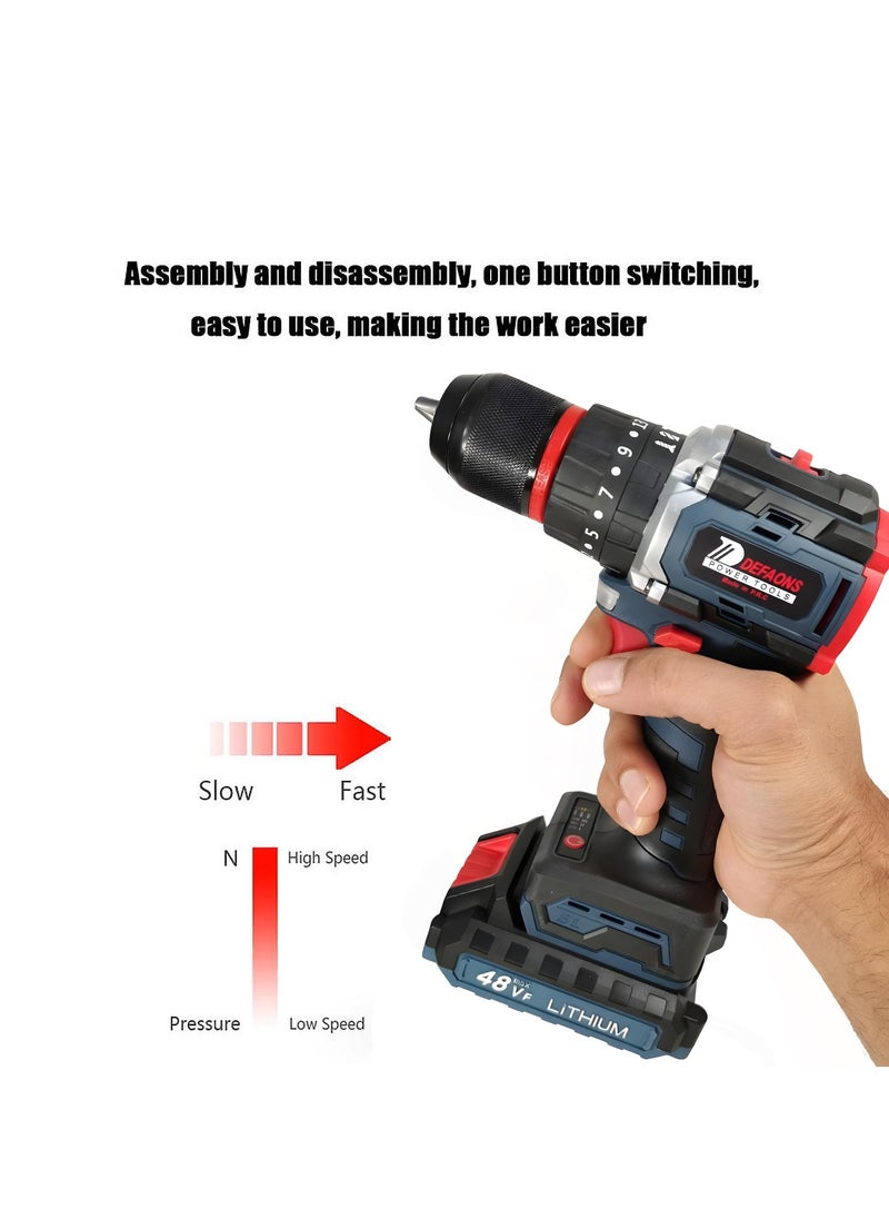 DEFAONS - DEFAONS 48VF Cordless Power Drill Lithium Ion Electric Screwdriver Adjustable Torque Variable Speed High Power Motor LED Light Forward and Reverse Switch for Drilling Metal Wood Concrete and Tiles - Image 1