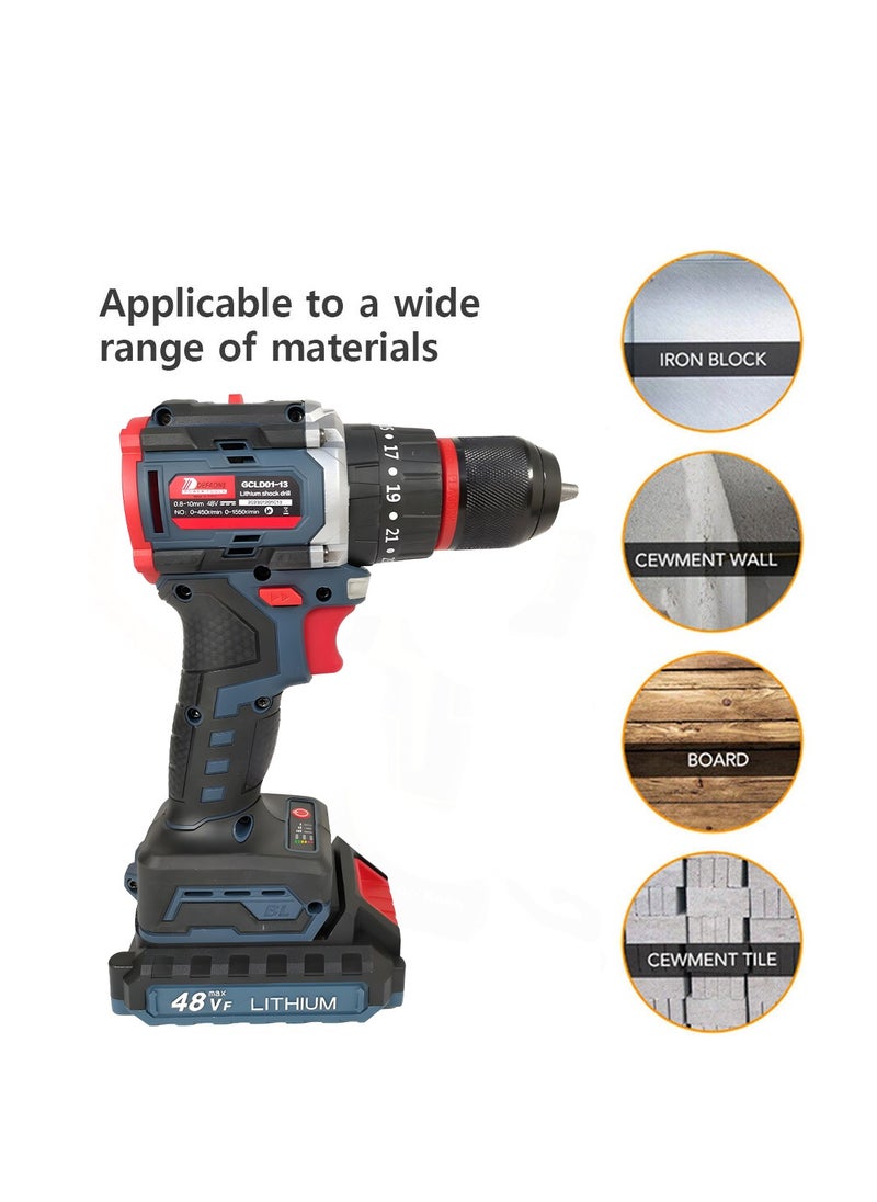 DEFAONS - DEFAONS 48VF Cordless Power Drill Lithium Ion Electric Screwdriver Adjustable Torque Variable Speed High Power Motor LED Light Forward and Reverse Switch for Drilling Metal Wood Concrete and Tiles - Image 1