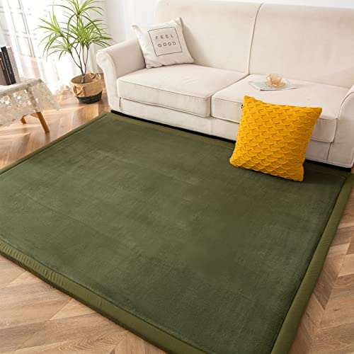 MAXYOYO Coral Velvet Area Rug, Thick Japanese Tatami Mat Living Room Carpet with Non-Slip Backing, Large Solid Color Mat for Bedroom Dormitory Yoga, Olive Green, 59"x 78" - Image 2