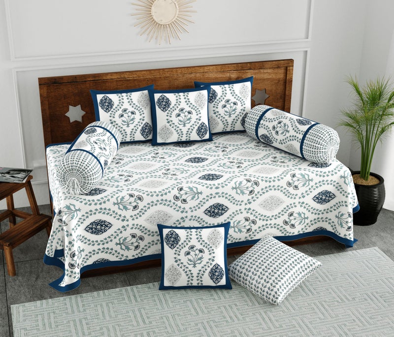 BLOCKS OF INDIA 200TC Diwan Set Cotton 8 Piece | Deewan Printed Bedsheet Sets for Living Room Hall (Set of 8 Piece, 1-Bed Sheet | 2-Bolster Cover | 5-Cushion Cover (Royal Blue Motif) - Image 1