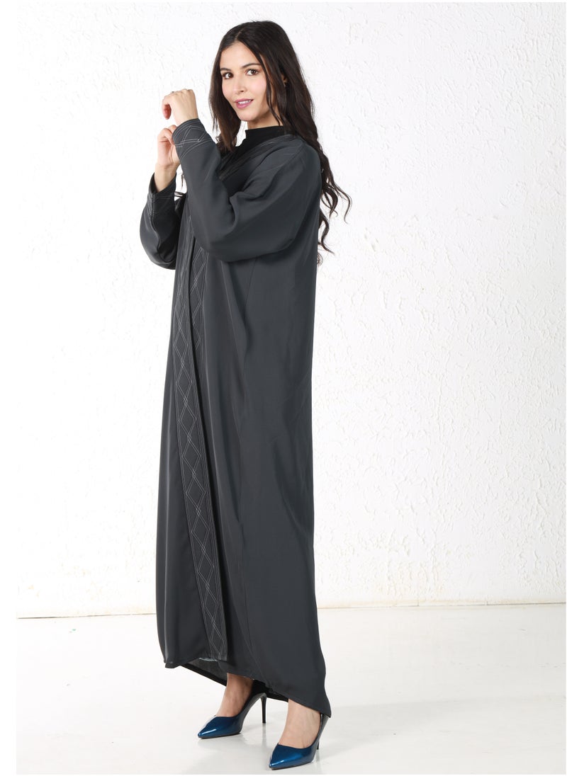 Gray abaya with white threads on the sleeves and collar - pzsku/ZE84B93AEFB1D4DD0A87FZ/45/_/1709372034/c2a0929e-7ef4-4e59-9352-1ec854930995