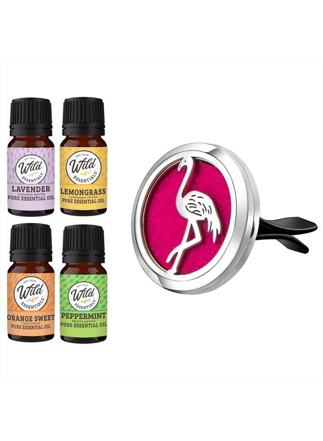 mEssentials Wild Essentials Flamingo Essential Oil Car Vent Diffuser Kit With Lavender, Lemongrass, Peppermint, Orange Oils, Stainless Steel Locket Pendant, 8 Refill Pads, Customizable Color Changing Air Freshene - Image 1