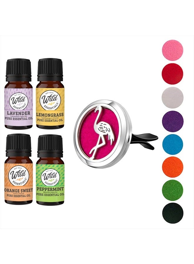 mEssentials Wild Essentials Flamingo Essential Oil Car Vent Diffuser Kit With Lavender, Lemongrass, Peppermint, Orange Oils, Stainless Steel Locket Pendant, 8 Refill Pads, Customizable Color Changing Air Freshene - Image 2