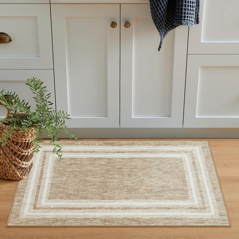 OJIA Modern Bordered Kitchen Rugs Non Slip Washable, Printed 2'x3' Entryway Rug Thin Soft Small Area Rug Indoor Door Mat Non-Shedding Throw Carpet Bathroom Runner for Bedside Bedroom - Image 1