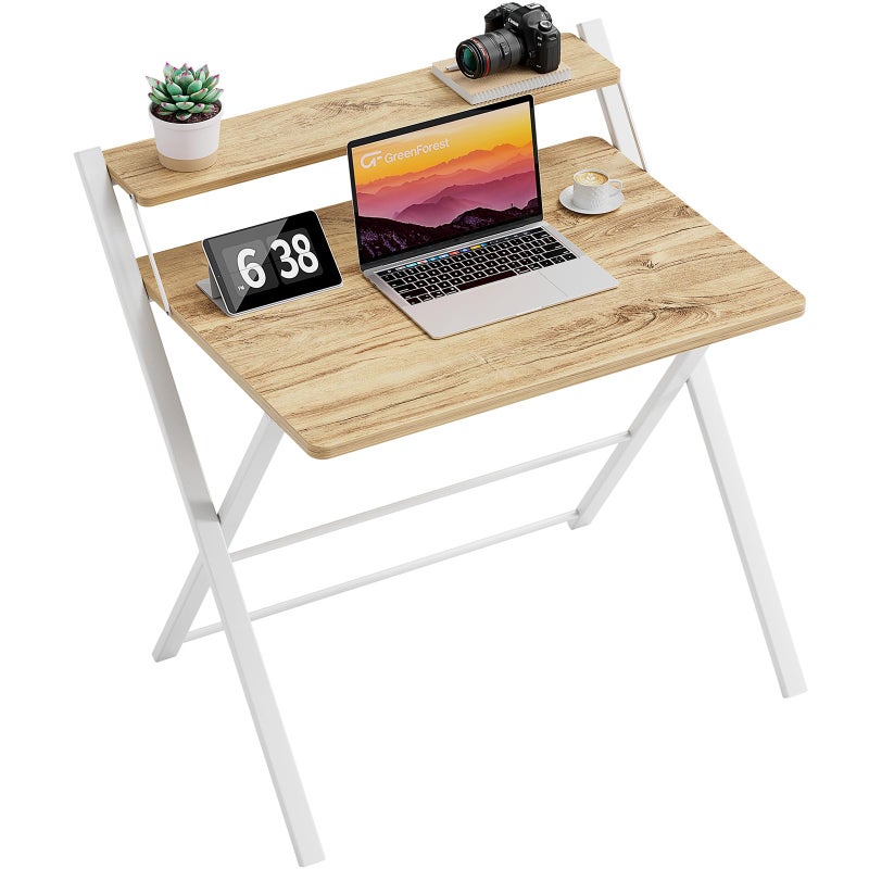 GreenForest Foldable Desk No Assembly RequiredSmall Desk with Monitor ShelfComputer Desk for Small SpaceOak