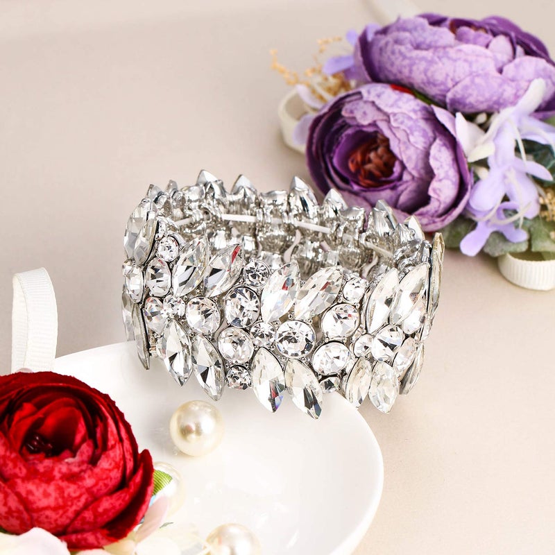 EVER FAITH Women's Stretch Bracelet Clear Marquise Crystal Art Deco Hand Chain Wedding Jewelry Silver-Plated-Base - Image 3