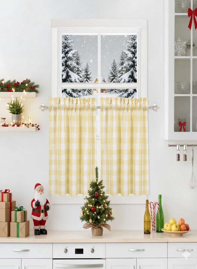 Bapawfish Yellow White Autumn Buffalo Plaid Cafe Curtains 30 Inches Long, Buffalo Check Kitchen Tier Curtains, Gingham Rod Pocket Short Window Curtain for Kitchen Bathroom, 28"W x 30"L, Yellow/White, Set of 2 - Image 1