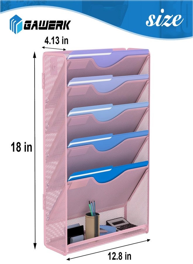 Gawerk 6 Tier Hanging File Organizer, Mesh Wall File Holder Paper Folder Rack with Bottom Flat Tray for Office Home, Pink - Image 2