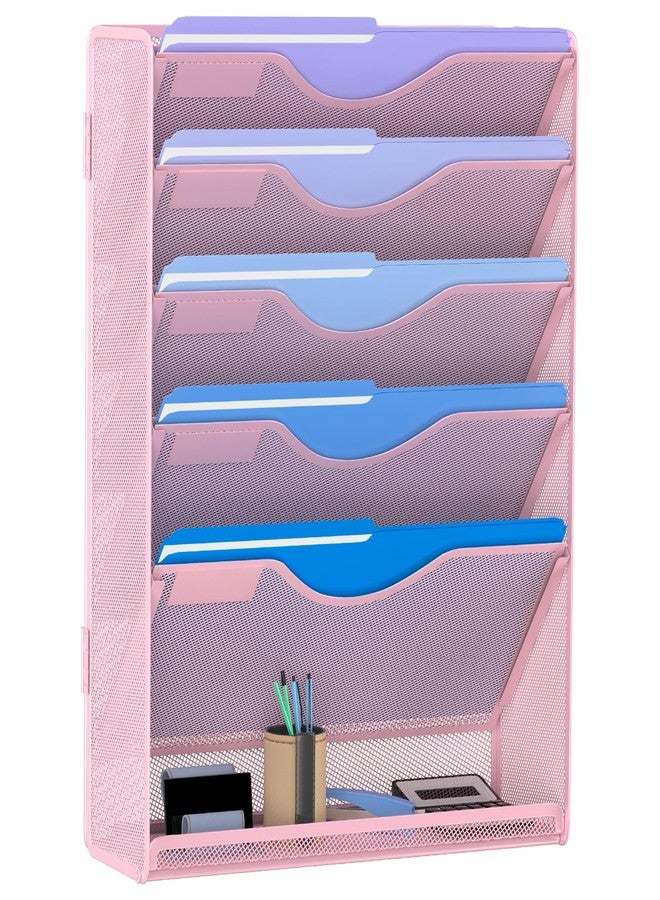 Gawerk 6 Tier Hanging File Organizer, Mesh Wall File Holder Paper Folder Rack with Bottom Flat Tray for Office Home, Pink - Image 1