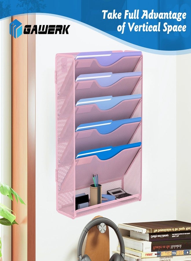 Gawerk 6 Tier Hanging File Organizer, Mesh Wall File Holder Paper Folder Rack with Bottom Flat Tray for Office Home, Pink - Image 5