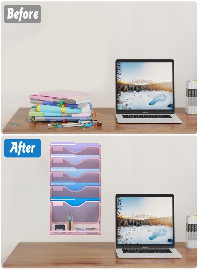 Gawerk 6 Tier Hanging File Organizer, Mesh Wall File Holder Paper Folder Rack with Bottom Flat Tray for Office Home, Pink - Image 4