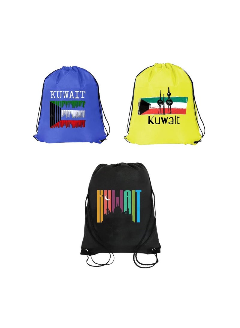 PRINTSHOP4ME Pack Of 3 Drawstring Bags With Kuwait Design For Kids And Adults-Durable Sports Backpack,Great For School And Everyday Use,Lightweight With National Day For Outdoor - Image 1