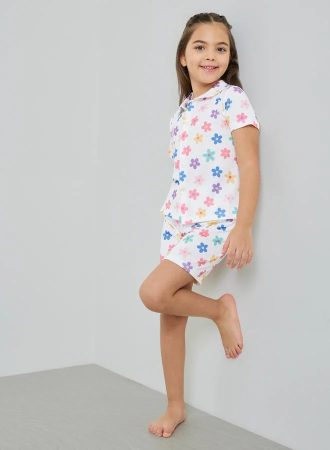 Styli Girls Floral Print Button Front Top and Shorts Set
