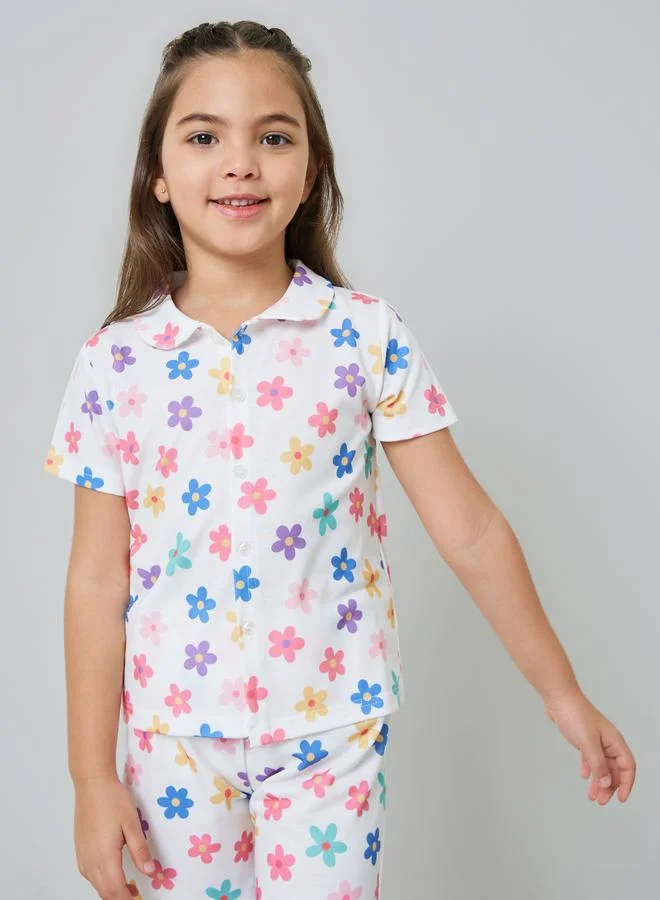 Styli Girls Floral Print Button Front Top and Shorts Set