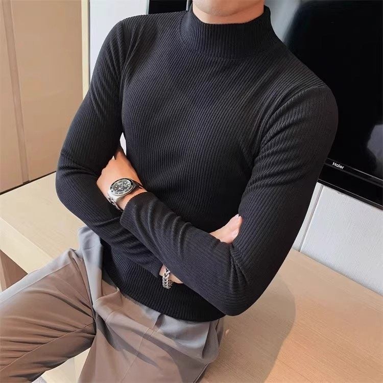 2025 autumn new half-turtleneck base shirt men's long-sleeved autumn clothes versatile striped slim-fit top inner T-shirt - Image 1