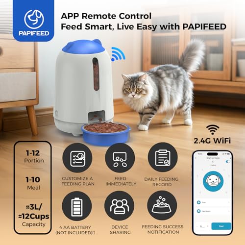 PAPIFEED Automatic Cat Feeder, App-Controlled WiFi Auto Food Dispenser with Dual Power Backup, Slow Feeding Mode, 3L Easy-Clean Feeder for Cats & Small Dogs (Blue) - Image 2