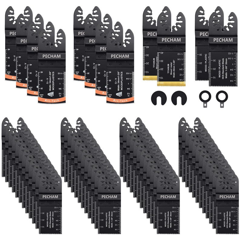 PECHAM Oscillating Saw Blades, 64PCS Professional Universal Titanium Multitool Blades for Wood Plastics Metal Quick Release Multi Tool Kits Fit Rockwell Ridgid Ryobi Milwaukee Chicago Craftsman - Image 1