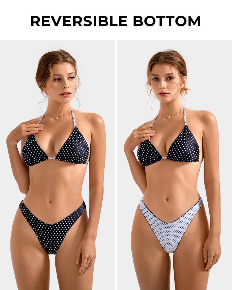 SUUKSESS Women Cheeky Halter String Two Piece Bikini Sets Reversible Thong Triangle Swimsuit High Waisted Bathing Suit (Black White Polka Dots, S) - Image 3