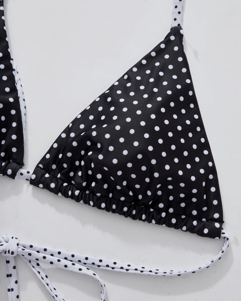 SUUKSESS Women Cheeky Halter String Two Piece Bikini Sets Reversible Thong Triangle Swimsuit High Waisted Bathing Suit (Black White Polka Dots, S) - Image 5