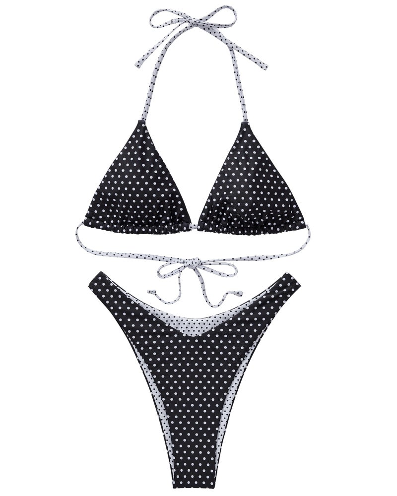 SUUKSESS Women Cheeky Halter String Two Piece Bikini Sets Reversible Thong Triangle Swimsuit High Waisted Bathing Suit (Black White Polka Dots, S) - Image 4