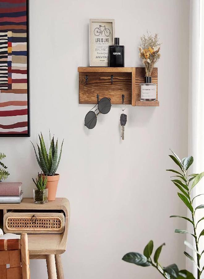 AKKO Wooden Key Holder for Wall Decorative Mail and Key Holder Organizer with 4 Key Hooks and “Z” Shape Wall Mount Floating Shelf,Rustic Home Decor for Wall, Entryway, Mudroom, Bathroom - Image 1