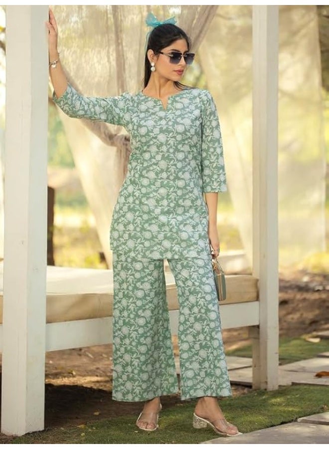 Pinkmint store Women's Pure Cotton Co Ord Set l Kurta Sets for Women |Printed Kurta with Pant l Stylish Pocket & 3/4 Sleeve Women Co-ord Set S - Image 2