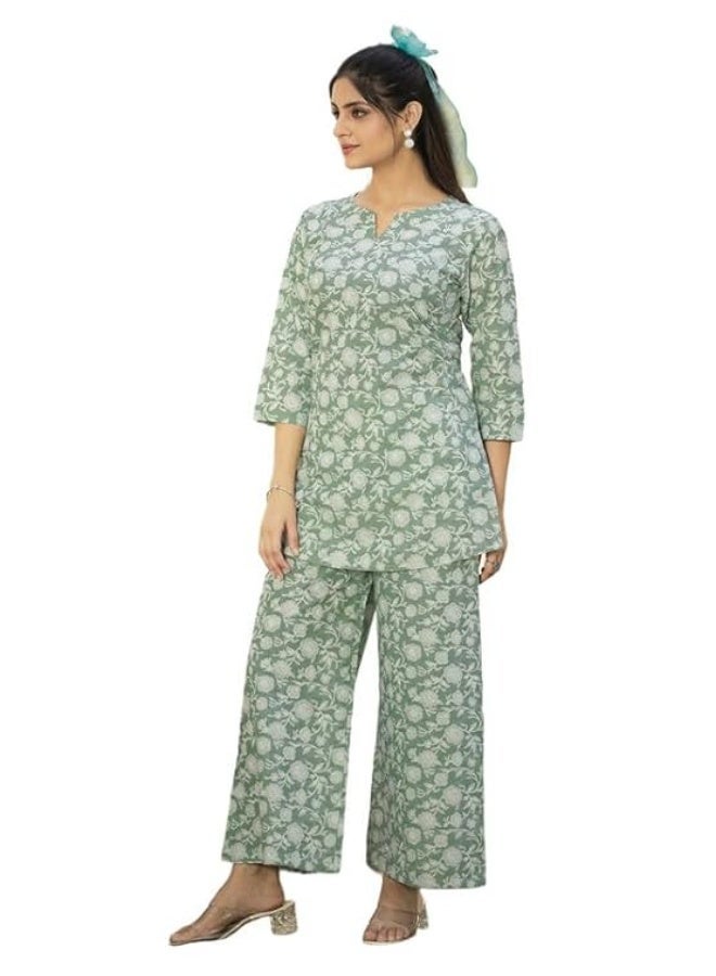 Pinkmint store Women's Pure Cotton Co Ord Set l Kurta Sets for Women |Printed Kurta with Pant l Stylish Pocket & 3/4 Sleeve Women Co-ord Set S - Image 1