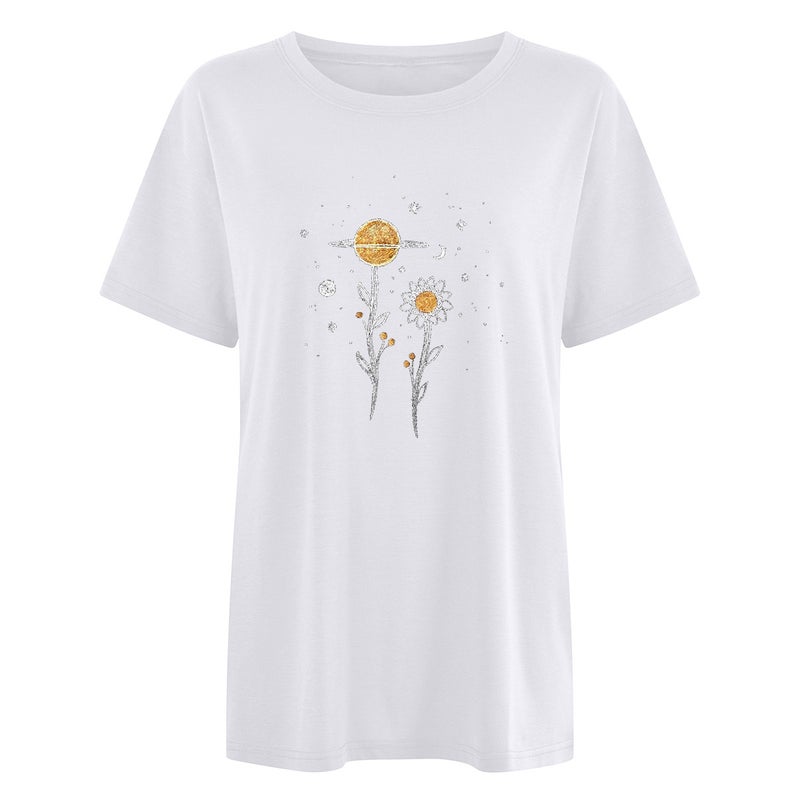 Loose Casual Women's Retro Style Women's Clothing Plant Flower Planet Moon Print Short Sleeve T-Shirt - Image 1