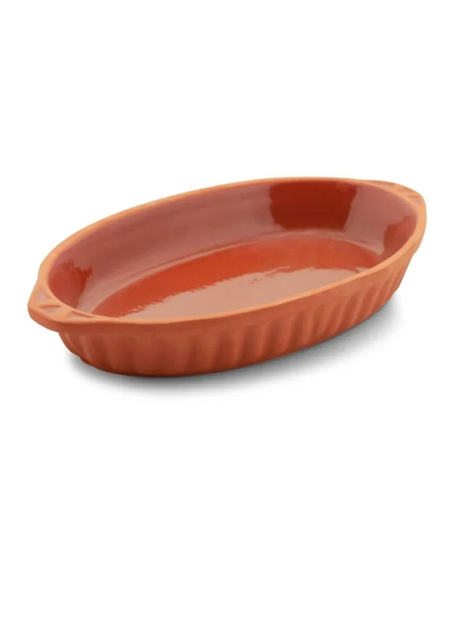DANUBE HOME Terracotta Oval Inner-Glazed Oven Tray Pan for Mexican Indian Korean Dishes Handmade Cookware Glazed Clay Pot For Oven Clay Pan For Cooking - Brown -  33x18x5 cm