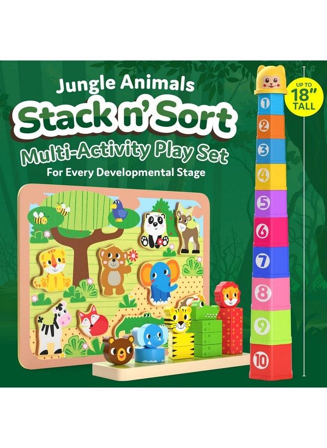 CoolToys - Stack N' Sort Baby Toddler Learning Toys 3 Developmental Educational Game Set Nesting & Stacking Cups Shape & Color Sorting Stackable Wooden Pieces Montessori Wooden Puzzle Jungle Theme - Image 1