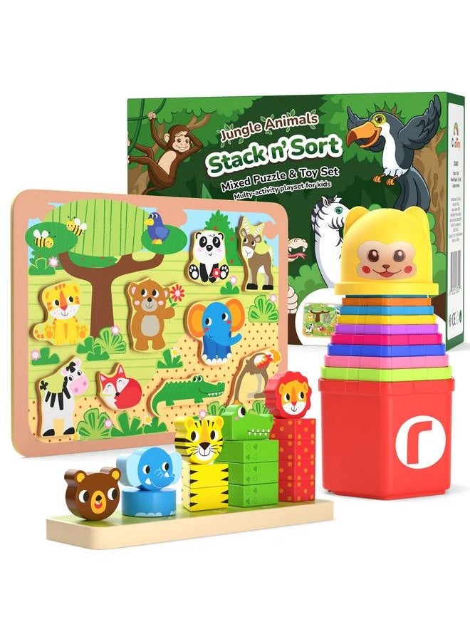 CoolToys - Stack N' Sort Baby Toddler Learning Toys 3 Developmental Educational Game Set Nesting & Stacking Cups Shape & Color Sorting Stackable Wooden Pieces Montessori Wooden Puzzle Jungle Theme - Image 1
