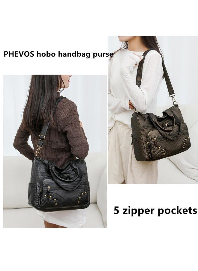 Phevos Hobo Handbag and Purses for Women,Top Handle Satchel Purse Tote Shoulder Bags Faux Leather for Ladies, Rivet Black - Image 2