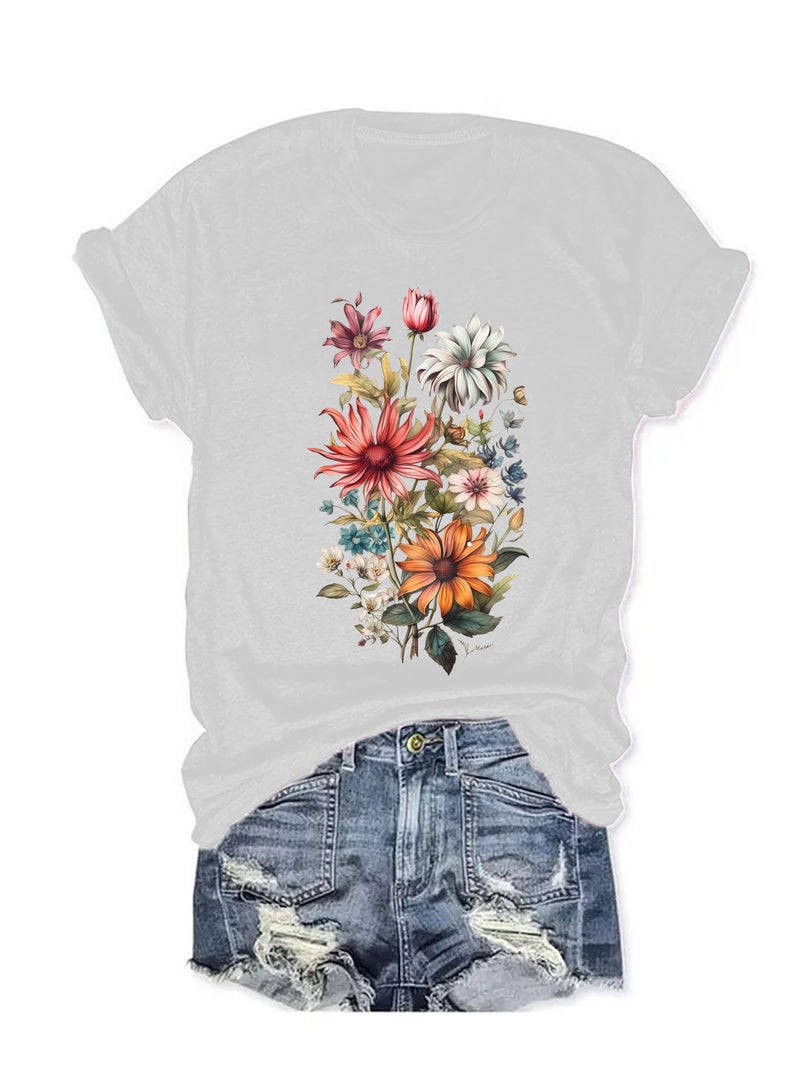 Summer Women'S Plant Flower Pattern Printing Round Neck Short Sleeve Casual Fashion Explosion T-Shirt - Image 3