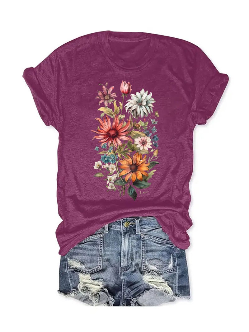 Summer Women'S Plant Flower Pattern Printing Round Neck Short Sleeve Casual Fashion Explosion T-Shirt - Image 5