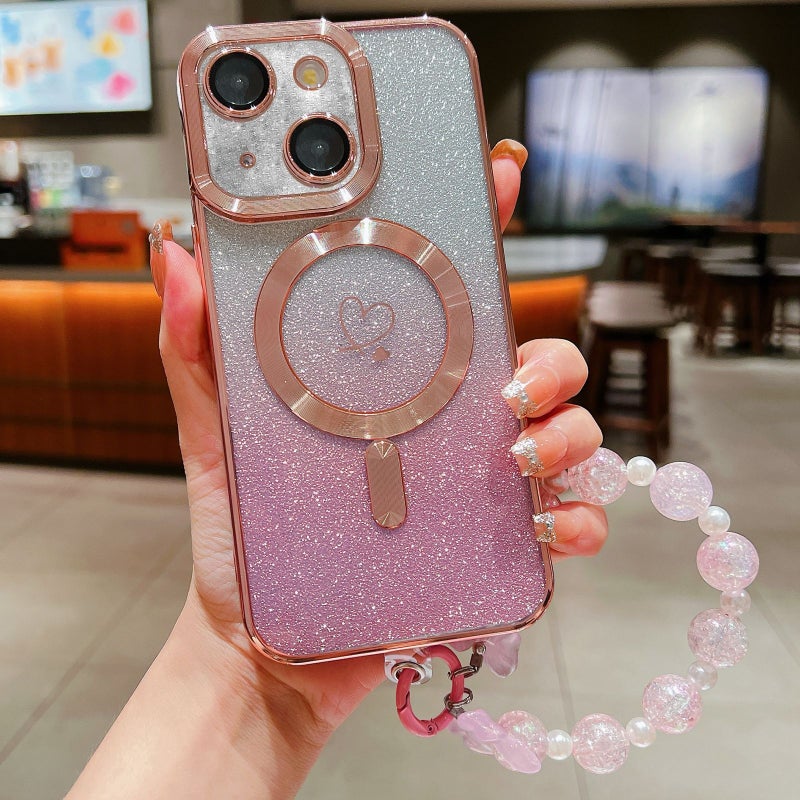 HuHa Protective Cover For iPhone 13 Loves Gradient Glitter Bracelets Carbon Fiber Magsafe TPU Phone Case(Pink) - Image 1