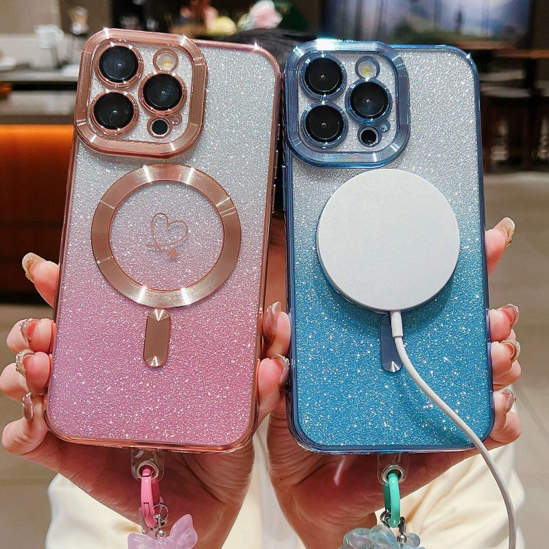 HuHa Protective Cover For iPhone 13 Loves Gradient Glitter Bracelets Carbon Fiber Magsafe TPU Phone Case(Pink) - Image 5