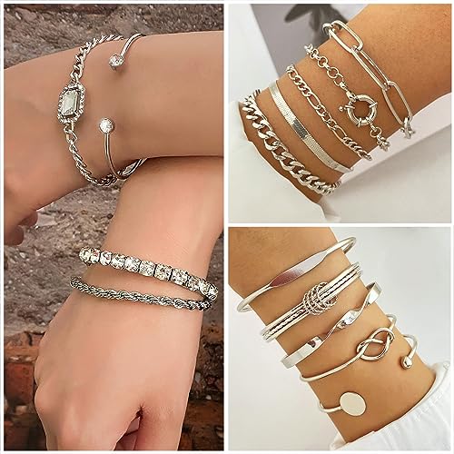 IFKM Silver Jewelry Set For Women With Chokers Pendant Necklaces, Layered Link Bracelets Bangle, Stackable Knuckle Rings, Stud And Hoop Earrings Dainty Elegant Cute Valentine Anniversary Birthday Friendship Gift - Image 3